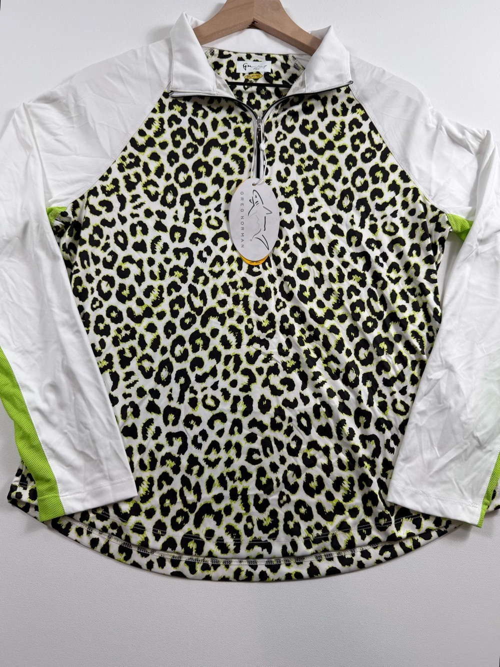Greg Norman Leopard Print Quarter Zip UPF 50 Golf Tennis Athleisure Top M NWT